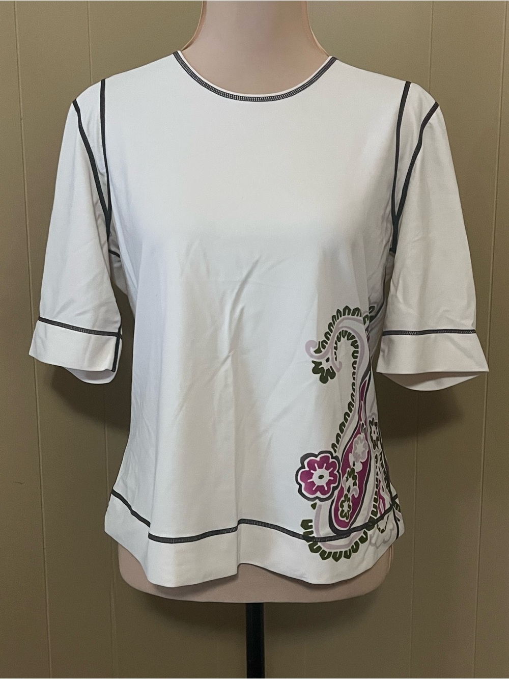 Athleta Large Paisley White Rash Guard Swim Top Active Shirt (See Photos)